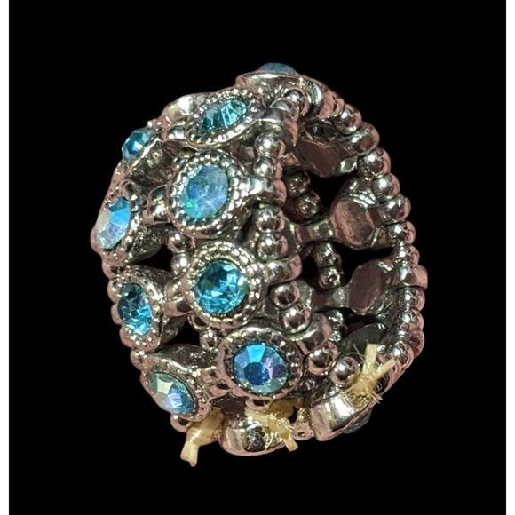 Chunky Glam Blue Rhinestone Silver Tone Stretch Ring Size 7 - Picture 1 of 9